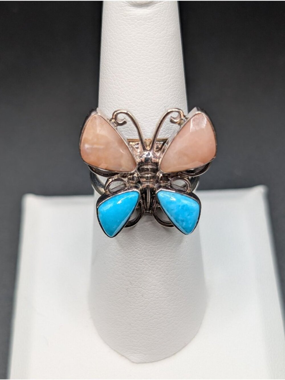 925 Sterling Silver Pink Opal Turquoise Butterfly Statement Ring Size 6.5 Boho